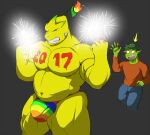  2016 andromorph anthro apple athletic athletic_anthro athletic_intersex belly big_bulge big_pecs bottomwear bulge cheek_spikes clothed clothing colored concerned crispin_(geng) dragon duo elemental_creature eyes_closed facial_spikes fire flora_fauna food food_creature fruit fruit_dragon geng green_body green_skin grin holidays horn intersex leaf leaf_hair lemon living_fruit male meyers_(geng) multicolored_clothing musclegut muscular muscular_arms muscular_male muscular_thighs navel new_year nipples open_mouth pants pecs plant plant_hair pseudo_hair rainbow_clothing shaded shirt shocked simple_background skimpy smile sparkler spikes spikes_(anatomy) teeth thick_thighs tongue topwear white_eyes worried yellow_body yellow_skin 