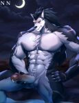  abs anthro balls black_body black_fur black_hair bodily_fluids canid canine canis chazer_n chest_tuft clenched_teeth crescent_moon erection fur genital_fluids genitals hair hi_res holding_penis humanoid_genitalia humanoid_penis male mammal moon multicolored_body multicolored_fur muscular muscular_male nails night nude outside pecs penis precum rouen sitting solo teeth tuft two_tone_body two_tone_fur white_body white_fur wolf x_scar 