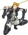  1boy black_gloves bodysuit brown_eyes gloves hair_behind_ear hand_on_own_thigh holding holding_sword holding_weapon looking_to_the_side male_focus official_art over_shoulder pilot_suit shaded_face smirk solo squatting super_robot_wars super_robot_wars_x-omega sword watanabe_wataru_(character_designer) weapon weapon_over_shoulder wooden_sword ziggy_star 
