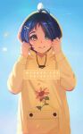  1girl ahoge balancing_on_head blue_eyes blue_sky buttons commentary copyright_name dark_blue_hair day egg floral_print hair_over_one_eye hanr10 heterochromia highres hood hood_up hoodie lips looking_at_viewer ooto_ai parted_lips petals shiny shiny_hair short_hair sky smile solo sunflower_print triangle triangle-shaped_pupils triangle_hair_ornament upper_body wonder_egg_priority yellow_eyes yellow_hoodie 