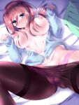  1girl ass_visible_through_thighs bed_sheet blue_eyes bow bow_panties breasts breasts_apart clenched_hands closed_mouth eyebrows_visible_through_hair feet_out_of_frame go-toubun_no_hanayome hair_between_breasts hair_between_eyes kouzuki_hajime large_breasts long_hair looking_at_viewer lying nakano_miku nipples on_back on_bed panties panties_under_pantyhose pantyhose pantyshot pink_panties red_hair skirt unbuttoned underwear worried 