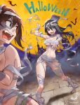  &gt;:) 2girls bandage_over_one_eye bandages barefoot bat black_hair breasts brown_hair chasing cleaver halloween highres large_breasts midriff moon multiple_girls mummy_costume navel open_mouth original red_eyes scared stitches tearing_clothes teeth torn_clothes weapon wox 