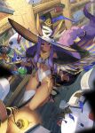  1girl ainezu animal_ears bangs bracelet breasts broom broom_riding dark_skin dark_skinned_female earrings facepaint facial_mark fate/grand_order fate_(series) halter_top halterneck hat hoop_earrings jackal_ears jewelry long_hair looking_at_viewer low-tied_long_hair medium_breasts medjed_(fate) nitocris_(fate) purple_eyes purple_hair sidelocks usekh_collar very_long_hair witch_hat 