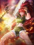  1girl bangs breasts clenched_teeth cropped_jacket dark_persona earrings explosion gloves grin highres jewelry leona_heidern navel official_art orochi_leona ponytail red_hair shorts smile solo teeth the_king_of_fighters the_king_of_fighters_all-stars toned yellow_eyes 