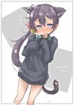  1girl akebono_(kantai_collection) animal_ears artist_name bell black_sweater blue_sailor_collar cat_ears cat_tail dated feet_out_of_frame flower flying_sweatdrops fyuo grey_hair hair_bell hair_flower hair_ornament highres jingle_bell kantai_collection long_hair open_mouth purple_eyes sailor_collar school_uniform serafuku side_ponytail sleeves_past_fingers sleeves_past_wrists solo standing sweater tail two-tone_background very_long_hair white_background 