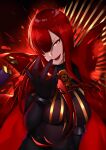 1girl backlighting black_background breasts cape chain fate/grand_order fate_(series) gloves hair_over_one_eye large_breasts looking_at_viewer nekosama_shugyouchuu oda_nobunaga_(fate) oda_nobunaga_(fate)_(all) oda_nobunaga_(maou_avenger)_(fate) open_mouth red_cape red_eyes red_hair smile solo teeth v-shaped_eyebrows 