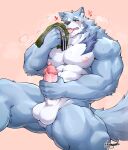  &lt;3 5_fingers abs anthro balls blue_body blue_fur blush bodily_fluids canid canine canis clothing fangs fingers fur genital_fluids genitals green_clothing green_underwear hi_res holding_clothing holding_object holding_underwear kamyuelo lucas_(kamyuelo) male mammal masturbation muscular muscular_anthro muscular_male nipples open_mouth pecs penile penile_masturbation pink_nipples pink_tongue precum simple_background sniffing solo sweat tongue tongue_out underwear underwear_sniffing white_balls wolf 