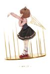  1girl arm_up birdcage brown_hair cage closed_eyes corset crown_hair_ornament dec13yomi frilled_legwear from_side full_body hand_on_own_chest highres katakana long_sleeves open_mouth pink_shirt red_footwear shirt shoes skirt socks solo standing umineko_no_naku_koro_ni ushiromiya_maria white_background white_legwear 