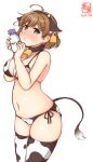  1girl alternate_costume animal_print artist_logo bandaid bandaid_on_face bikini blush bottle breasts brown_eyes brown_hair cleavage commentary_request cow_print cowboy_shot dated highres kanon_(kurogane_knights) kantai_collection looking_at_viewer medium_breasts milk_bottle oboro_(kantai_collection) short_hair side-tie_bikini simple_background solo standing swimsuit thighhighs white_background white_bikini white_legwear 