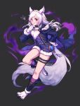  1girl animal_ears aura collar dark_aura faithom fire_emblem fire_emblem_awakening fire_emblem_heroes full_body gloves grima_(fire_emblem) halloween_costume highres long_sleeves paw_gloves paws red_eyes robin_(fire_emblem) robin_(fire_emblem)_(female) shorts solo tail thigh_strap twintails twitter_username white_hair wolf_ears wolf_tail 