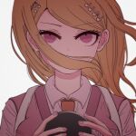  1girl ahoge akamatsu_kaede bangs blonde_hair breasts collared_shirt commentary_request danganronpa_(series) danganronpa_v3:_killing_harmony eyebrows_visible_through_hair hair_ornament hair_over_mouth hands_up highres holding large_breasts long_hair long_sleeves looking_at_viewer musical_note_hair_ornament necktie nerine_fujikawa orange_neckwear pink_vest portrait serious shirt simple_background solo vest white_background white_shirt 