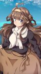  1girl 547th_sy ahoge arms_behind_back black_sweater blue_sky brown_hair brown_skirt cloud commentary_request cowboy_shot double_bun grey_eyes hairband highres horizon kantai_collection kongou_(kantai_collection) long_hair looking_at_viewer ocean official_alternate_costume scarf skirt sky solo sweater white_scarf 