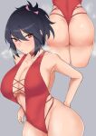  1girl ass bare_shoulders bikini black_hair blush breasts cleavage collarbone fujibayashi_shiina grey_background hibanachiku highres looking_at_viewer one-piece_swimsuit orange_eyes ponytail solo steaming_body swimsuit tales_of_(series) tales_of_symphonia 