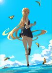  1girl ass azur_lane blonde_hair blue_eyes blue_sky braid bug butterfly cloud french_braid glorious_(azur_lane) glorious_(glorious_school_life)_(azur_lane) highres horizon insect kukikomori long_hair looking_at_viewer ocean official_alternate_costume painterly sky smile solo very_long_hair walking walking_on_liquid water 