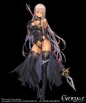  blue_eyes boots breasts cuboon dark_skin elf elmina_(evertale) evertale gloves hand_on_own_chest highres large_breasts long_hair looking_at_viewer official_art panties pointy_ears polearm silver_hair smile spear underwear very_long_hair weapon 