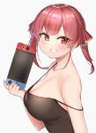  1girl :d absurdres bangs blush breasts brown_eyes camisole cleavage collarbone deko_isu eyebrows_visible_through_hair from_side grin hair_ribbon heterochromia highres holding hololive houshou_marine large_breasts looking_at_viewer looking_to_the_side nintendo_switch open_mouth red_eyes red_hair red_ribbon ribbon short_hair short_twintails smile solo spaghetti_strap strap_gap strap_slip teeth twintails upper_body virtual_youtuber 
