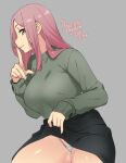  1girl 2021 agawa_ryou breasts brown_eyes dated finger_to_mouth green_sweater grey_background large_breasts long_hair looking_at_viewer original panties pink_hair simple_background smile solo sweater thick_thighs thighs underwear white_panties 