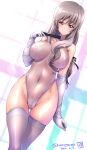  1girl ass_visible_through_thighs blush breasts cameltoe covered_navel girls_und_panzer gloves highleg highleg_leotard impossible_clothes impossible_leotard kamogawa_tanuki large_breasts leotard light_brown_eyes light_brown_hair long_hair looking_at_viewer see-through shimada_chiyo shiny shiny_clothes shiny_hair shiny_skin skin_tight skindentation smile solo standing strapless strapless_leotard thigh_gap white_gloves white_legwear white_leotard 