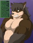 2017 abs anthro arc_wuff biceps big_muscles big_pecs black_body black_fur black_hair black_nose brown_body brown_eyes brown_fur canid canine canis colored english_text fur geng gloves_(marking) grin hair happy hi_res huge_muscles long_hair looking_at_self male mammal markings muscular muscular_anthro muscular_arms muscular_male navel pecs pleased scientific_experiment shaded simple_background smile solo tan_body tan_fur teeth text thick_neck wolf 
