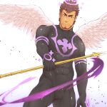  1boy angel angel_wings bara beard black_bodysuit black_hair bodysuit brown_hair bulge covered_abs covered_navel cowboy_shot facial_hair feathered_wings halo highres holding holding_spear holding_weapon looking_at_viewer male_focus muscular muscular_male nether_angel_(tokyo_houkago_summoners) pectorals polearm short_hair sideburns skin_tight solo spear stubble thighs tokyo_houkago_summoners weapon wings zifuuuun 
