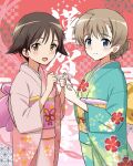  2girls asa_no_ha_(pattern) background_text bangs blue_eyes brown_eyes brown_hair checkered closed_mouth commentary_request floral_print green_kimono hair_flaps hair_up happy_new_year highres holding holding_paper japanese_clothes kaneko_(novram58) kimono long_sleeves looking_at_viewer lynette_bishop miyafuji_yoshika multiple_girls new_year obi open_mouth paper pink_kimono print_kimono red_eyes sash short_hair smile sparkle standing strike_witches tied_hair world_witches_series 