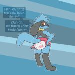  1:1 2021 anthro big_ears black_body black_fur blue_body blue_fur bottomwear butt canid canine clothing cute_expression cute_eyes cute_face dialogue diaper diaper_fetish english_text exposed_diaper feet fist fluffy fluffy_tail fur hi_res hindpaw long_ears looking_at_viewer male mammal nintendo padding pattern_diaper paws pink_diaper pok&eacute;mon pok&eacute;mon_(species) pull-ups_(diaper) pull_ups red_eyes relaxing riolu ritzcat simple_background smile smiling_at_viewer solo standing standing_position text touching_diaper training_pants video_games wetness_indicator 