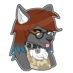  1:1 2018 alpha_channel anthro black_body black_collar black_fur black_nose black_pupils blep blue_hair brown_hair bust_portrait canid canine canis clothing collar digital_media_(artwork) eyewear female fluffybuck fur glasses hair hi_res mammal orange_eyes outline pink_tongue portrait pupils simple_background smile solo tan_clothing tan_shirt tan_topwear tongue tongue_out topwear transparent_background white_body white_fur white_outline wolf 