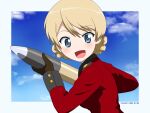  1girl :d artist_name bangs black_gloves blonde_hair blue_eyes border braid commentary_request darjeeling_(girls_und_panzer) dated eyebrows_visible_through_hair girls_und_panzer gloves holding jacket long_sleeves looking_at_viewer military military_uniform naotosi open_mouth outside_border partial_commentary red_jacket short_hair smile solo st._gloriana&#039;s_military_uniform tank_shell tied_hair twin_braids uniform upper_body white_border 
