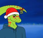 2018 anthro black_eyes blue_background blue_clothing blue_shirt blue_topwear bust_portrait christmas christmas_clothing christmas_headwear clothing digital_media_(artwork) fluffybuck gecko green_body green_scales hat headgear headwear hi_res holidays hoodie lizard looking_at_viewer male mistletoe plant portrait red_body red_scales reptile ribbons santa_hat scales scalie shirt simple_background smile solo tail_bow tail_ribbon topwear 