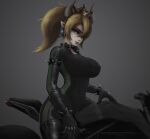  1girl biker_clothes bikesuit black_bodysuit black_collar black_footwear black_gloves blonde_hair blue_eyes bodysuit boots bowsette bracelet breasts collar commentary crown earrings english_commentary full-length_zipper gloves green_bodysuit ground_vehicle horns imp_(impractical) jewelry large_breasts leather leather_boots leather_gloves lips long_hair mario_(series) motor_vehicle motorcycle multicolored multicolored_bodysuit multicolored_clothes new_super_mario_bros._u_deluxe nose on_motorcycle pointy_ears ponytail solo spiked_armlet spiked_bracelet spiked_collar spikes striped super_crown thigh_boots thighhighs vertical_stripes zipper zipper_footwear 