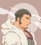  1boy bara bead_necklace beads chest_hair close-up face facial_hair from_side highres hood hood_down hooded_jacket jacket jewelry looking_at_another male_focus muscular muscular_male necklace oniwaka_(tokyo_houkago_summoners) open_clothes open_jacket pectorals scar_on_forehead short_hair sideburns sidepec solo stubble tokyo_houkago_summoners white_jacket yanutorie 