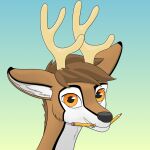  1:1 2019 ambiguous_gender anthro antlers black_nose black_pupils brown_body brown_fur brown_hair capreoline cervid cervine digital_media_(artwork) fluffybuck fluffybuck_(character) fur hair headshot_portrait hi_res horn looking_at_viewer mammal orange_eyes pencil_(object) portrait pupils simple_background smile solo white-tailed_deer white_body white_fur 