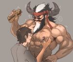  2boys abs armpit_hair bara beard blush bow bowtie character_request chest_hair closed_eyes completely_nude cow_horns draph facial_hair food grabbing granblue_fantasy groping headband holding holding_food horns lactation male_focus male_lactation motion_lines multiple_boys muscular muscular_male navel_hair nipples nude official_alternate_costume old old_man pectoral_grab pectorals redluck rybiokaoru short_hair stomach sunglasses twitching upper_body veins yaoi 