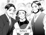  1girl 2boys ;d ^_^ apron beard braid business_suit buttons closed_eyes collared_shirt commentary earrings elbow_on_another&#039;s_shoulder elbow_rest english_text facial_hair floral_background flower_request formal golden_kamuy greyscale hair_slicked_back head_scarf ideshitsuki jewelry kiroranke long_hair long_sleeves monochrome multiple_boys mustache one_eye_closed open_mouth russian_clothes scar scar_on_face shirt sideburns sidelocks single_braid smile sofia_(golden_kamuy) spoilers suit thick_eyebrows upper_body wilk_(golden_kamuy) 