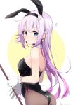  .live 1girl ? animal_ears ass blue_eyes breasts bunny_ears carro_pino commentary_request dated detached_collar earrings fake_animal_ears hair_between_eyes headband highres jewelry kia_0088 long_hair looking_at_viewer pantyhose playboy_bunny purple_hair simple_background small_breasts solo virtual_youtuber 