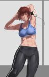  1girl armpits breasts brown_eyes brown_hair digital_media_player grey_background gym_pants highres hun_yan ipod looking_at_viewer musical_note original short_hair smile solo sports_bra sportswear stretch sweat sweatdrop thighs toned 