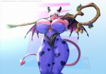  big_breasts breasts camel_toe cleavage clothed clothing demon demon_humanoid female hair humanoid llmixll not_furry pink_body solo spade_tail staff white_hair wide_hips 