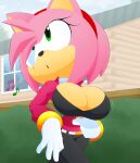  absurd_res accessory amy_rose anthro big_breasts bouncing_breasts bra breasts cleavage clothed clothing eulipotyphlan female hair_accessory hairband hedge hedgehog hi_res looking_up mammal musical_note outside slickehedge solo sonic_the_hedgehog_(series) underwear unzipping whistling window 