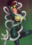  1girl arm_behind_head arm_up beckoning beehive_hairdo between_breasts between_legs blue_eyes blush bodysuit border breasts brown_hair commentary consensual_tentacles covered_nipples doctor_octopus english_commentary goggles goggles_on_head green_bodysuit hairband heart highres justrube large_breasts mechanical_tentacles olivia_octavius one_eye_closed red_border slime solo spider-man:_into_the_spider-verse spider-man_(series) standing standing_on_one_leg tentacles 