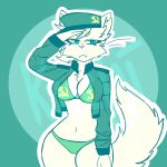  1:1 anthro bikini blue_eyes bra breasts clothing crazy_guy_(artist) domestic_cat felid feline felis female fluffy fluffy_tail fur green_bikini green_clothing green_swimwear green_underwear mammal panties russian solo soviet_union swimwear tan_body tan_fur underwear whiskers white_body white_cat white_fur 