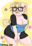  2021 anthro bangs belly big_breasts blue_eyes blush bottomwear breasts cleavage clothed clothing domestic_pig eyewear female glasses hair hands_on_thighs hi_res leaning leaning_forward long_hair mammal nipple_outline skirt slightly_chubby snout solo suid suina sus_(pig) thick_thighs willow_the_pig xiongshan 