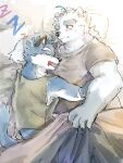  2021 absurd_res anthro argo_(knights_college) bed bedding black_nose blanket blue_body blue_fur blush canid canine canis domestic_dog duo erqi_27 eyes_closed fur furniture hi_res hug humanoid_hands kemono knights_college lying male male/male mammal overweight overweight_male paul_(knights_college) pillow polar_bear sleeping ursid ursine white_body white_fur 