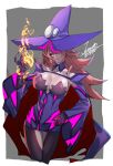  1girl banned_artist black_legwear black_sclera blazblue blazblue:_central_fiction breasts cape cleavage colored_sclera detached_sleeves dress fire hair_over_one_eye hat iwamoto_eiri konoe_a_mercury large_breasts long_hair long_sleeves looking_at_viewer magic pink_hair seductive_smile shaded_face short_dress signature simple_background smile solo thighhighs wide_sleeves witch_hat yellow_eyes 