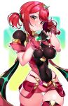  1girl alternate_hairstyle breasts gloves highres large_breasts pyra_(xenoblade) red_eyes red_hair short_hair short_twintails shorts skindentation solo twintails twintails_day xenoblade_chronicles_(series) xenoblade_chronicles_2 yagi_(kyuhyun) 
