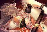  1girl alcohol amputee baiken breasts cleavage commentary_request guilty_gear guilty_gear_xrd jako_(toyprn) japanese_clothes kataginu kimono large_breasts lying multicolored multicolored_clothes multicolored_kimono on_back one-eyed open_mouth pink_hair ponytail red_eyes sake sash scar scar_across_eye sheath spread_legs thighs 