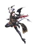  1girl ass au_ra black_footwear boots dagger dragon_horns dragon_tail dragon_wings dual_wielding final_fantasy final_fantasy_xiv heterochromia high_heel_boots high_heels highres holding holding_dagger holding_weapon horns looking_at_viewer multiple_horns ninja_(final_fantasy) parted_lips red_eyes reverse_grip short_hair solo tail thigh_boots thighhighs vest weapon westxost_(68monkey) white_hair wide-eyed wings 