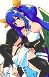  1girl :o armpit_peek asymmetrical_wings back bangs banned_artist bare_shoulders black_legwear blue_hair choker collarbone detached_sleeves dizzy_(guilty_gear) eyebrows_visible_through_hair fetal_position guilty_gear guilty_gear_x guilty_gear_xx hair_between_eyes hair_rings iwamoto_eiri long_hair long_sleeves looking_at_viewer midriff monster_girl navel puffy_long_sleeves puffy_sleeves red_eyes ribbon solo tail thigh_strap thighhighs thighs twintails wings yellow_ribbon 