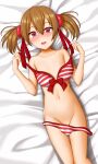  1girl absurdres abukobato bed_sheet bikini blush brown_hair copyright_request cowboy_shot hair_between_eyes hands_up highres legs_together looking_at_viewer lying medium_hair navel nude on_back on_bed parted_lips red_bikini red_eyes solo striped striped_bikini swimsuit thigh_gap twintails untied untied_bikini 