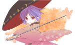  1girl black_headwear bowl bowl_hat commentary_request hat holding japanese_clothes kimono leaf leaf_background leaf_print long_sleeves looking_at_viewer moi2m3 needle needle_sword open_mouth print_kimono purple_eyes purple_hair red_kimono sewing_needle short_hair solo sukuna_shinmyoumaru touhou upper_body white_background wide_sleeves 