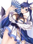  1girl animal_ear_fluff animal_ears artist_name azur_lane blue_background blue_hair blush bodysuit breasts cowboy_shot detached_sleeves dutch_angle eyebrows_visible_through_hair fan flower folding_fan fox_ears fox_tail fur_scarf gradient gradient_background hair_between_eyes hair_flower hair_ornament holding holding_fan jintsuu_(azur_lane) large_breasts looking_at_viewer obi open_mouth partial_bodysuit retrofit_(azur_lane) sash semi-transparent signature smile solo tail white_background wide_sleeves yuumiko_(user_gkfc5432) 